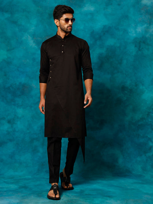 Men's Black Cotton Cotton Satin Asymmetric Kurta Pyjama Set