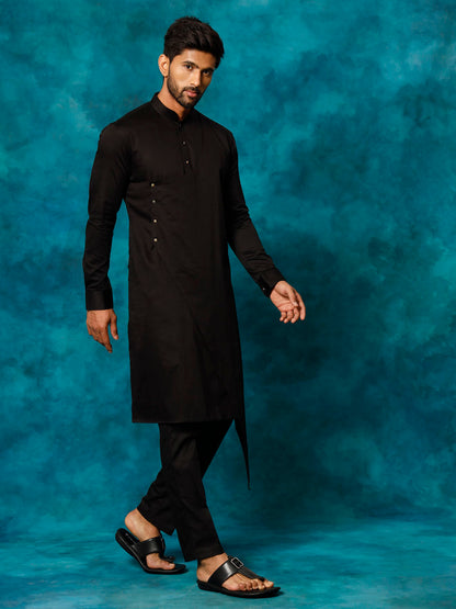 Men's Black Cotton Cotton Satin Asymmetric Kurta Pyjama Set