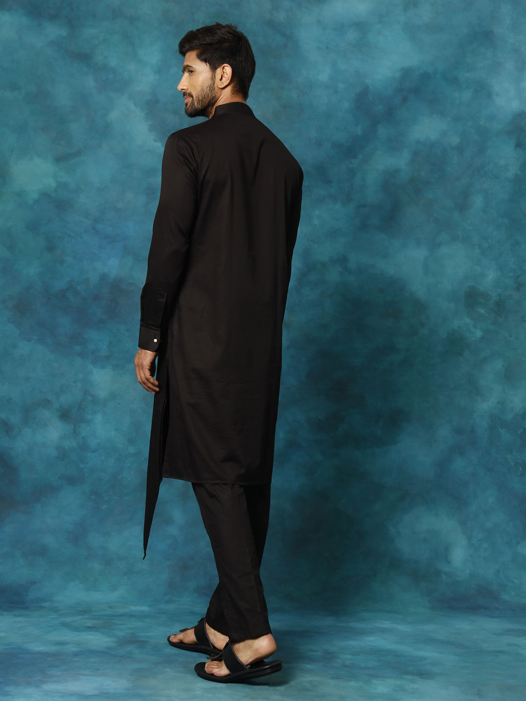 Men's Black Cotton Cotton Satin Asymmetric Kurta Pyjama Set