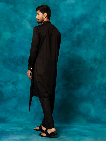 Men's Black Cotton Cotton Satin Asymmetric Kurta Pyjama Set