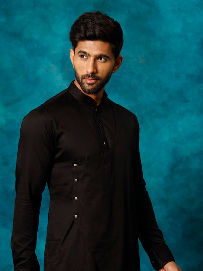 Men's Black Cotton Cotton Satin Asymmetric Kurta Pyjama Set