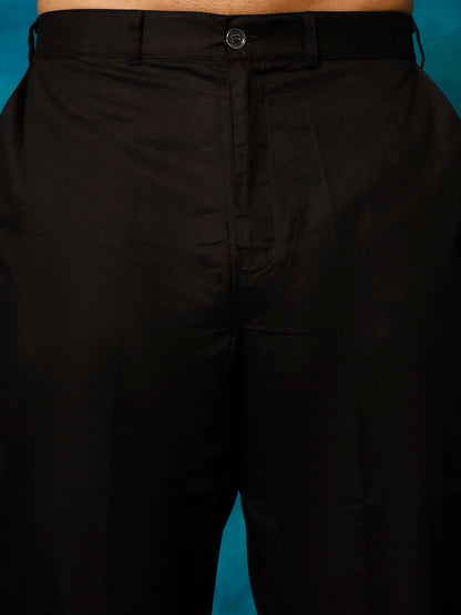 Men's Black Cotton Cotton Satin Asymmetric Kurta Pyjama Set