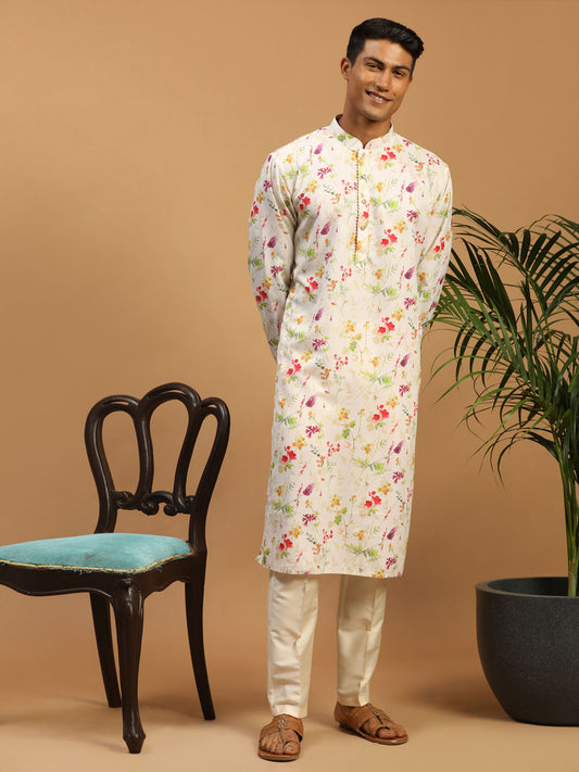 Men's Cream Cotton Blend Straight Kurta Pyjama Set