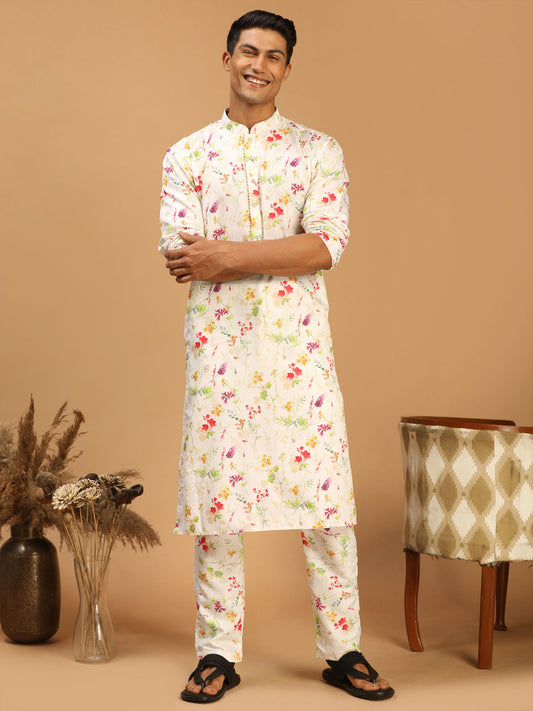 Men's Cream Cotton Blend Straight Kurta Pyjama Set