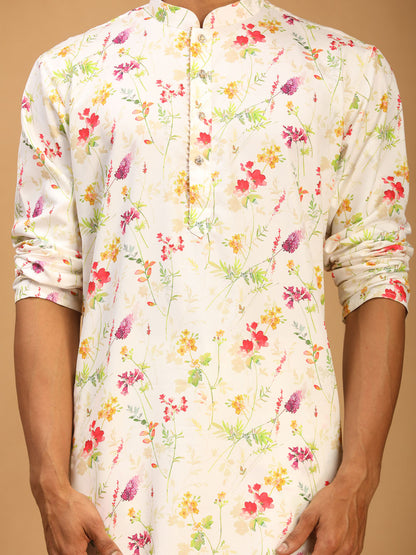 Men's Cream Cotton Blend Straight Kurta Pyjama Set