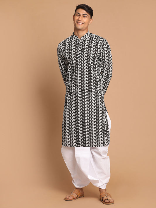 Men's Black Pure Cotton Straight Kurta and Dhoti Set