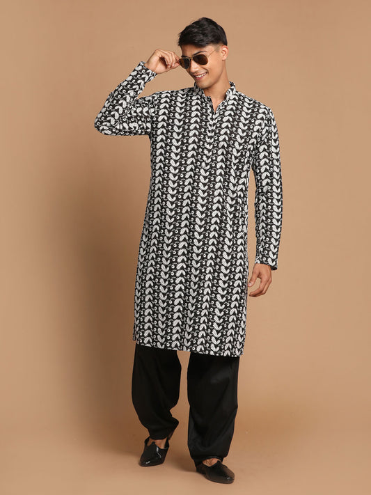 Men's Black Pure Cotton Straight Kurta and Patiala Set