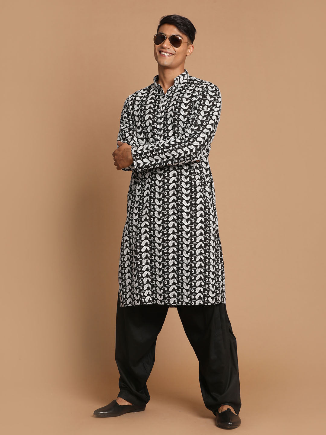 Men's Black Pure Cotton Straight Kurta and Patiala Set