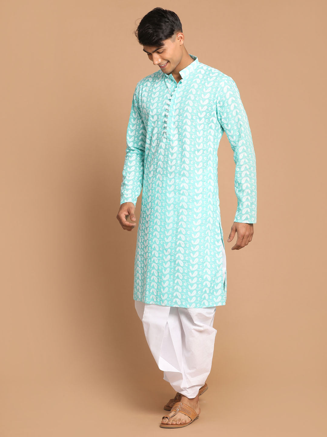 Men's Green Pure Cotton Straight Kurta and Dhoti Set