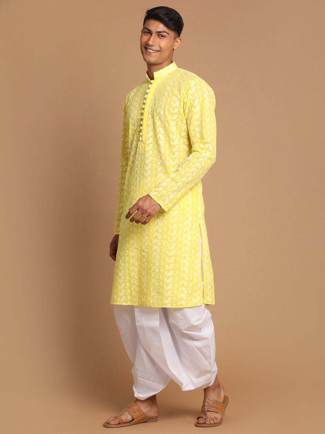 Men's Mustard Pure Cotton Straight Kurta and Dhoti Set