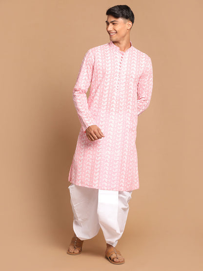 Men's Pink Pure Cotton Straight Kurta and Dhoti Set