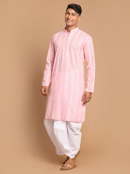 Men's Pink Pure Cotton Straight Kurta and Dhoti Set