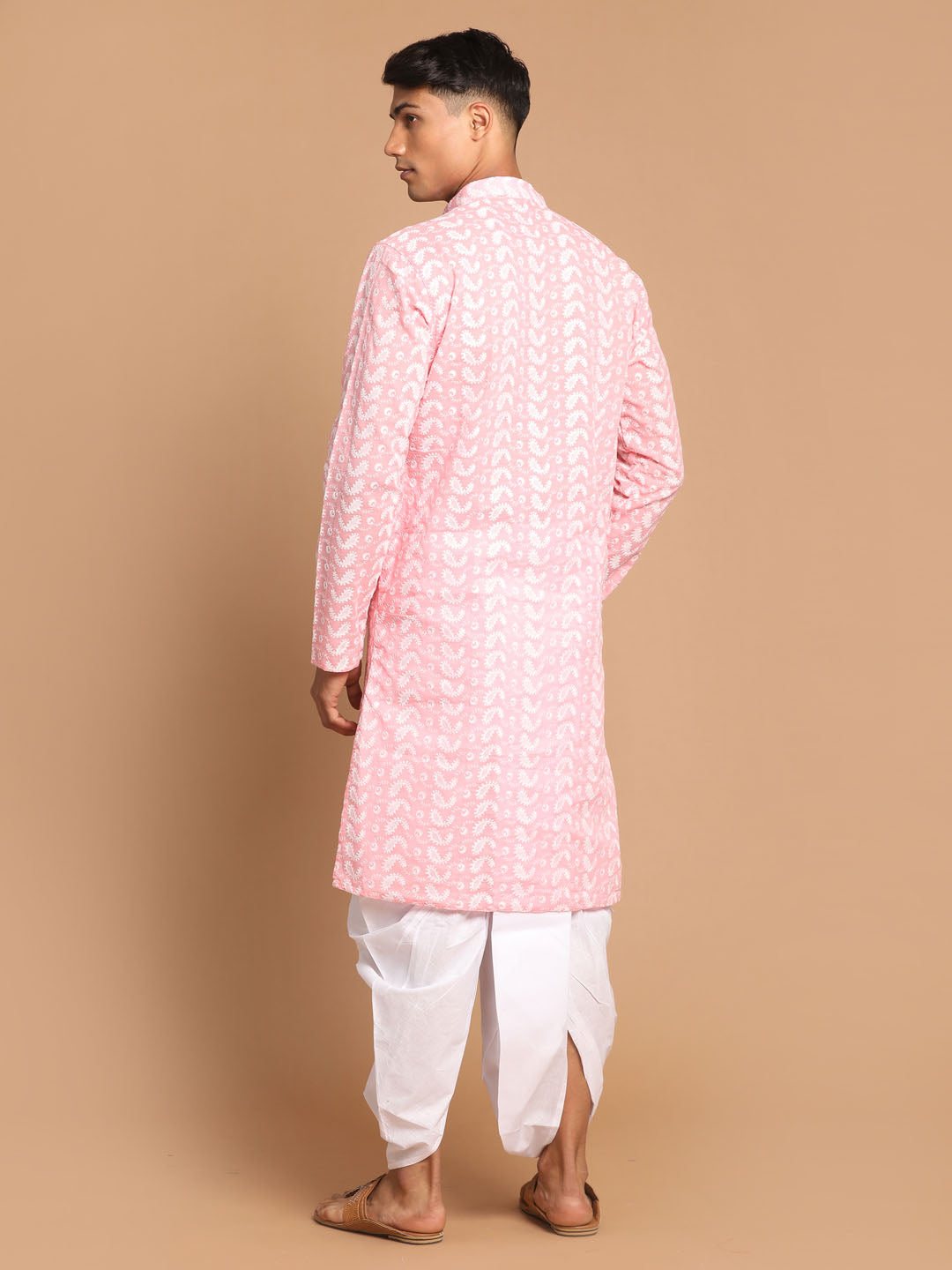 Men's Pink Pure Cotton Straight Kurta and Dhoti Set
