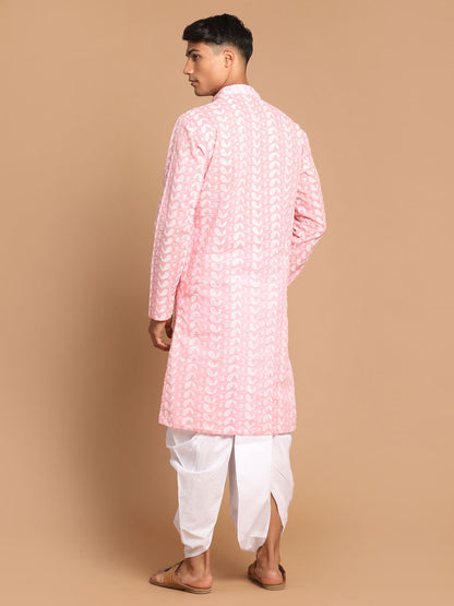 Men's Pink Pure Cotton Straight Kurta and Dhoti Set