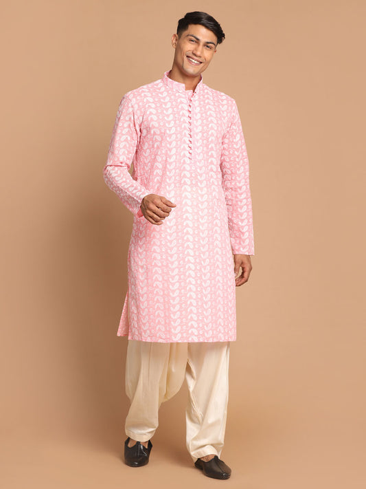 Men's Pink Pure Cotton Straight Kurta and Patiala Set