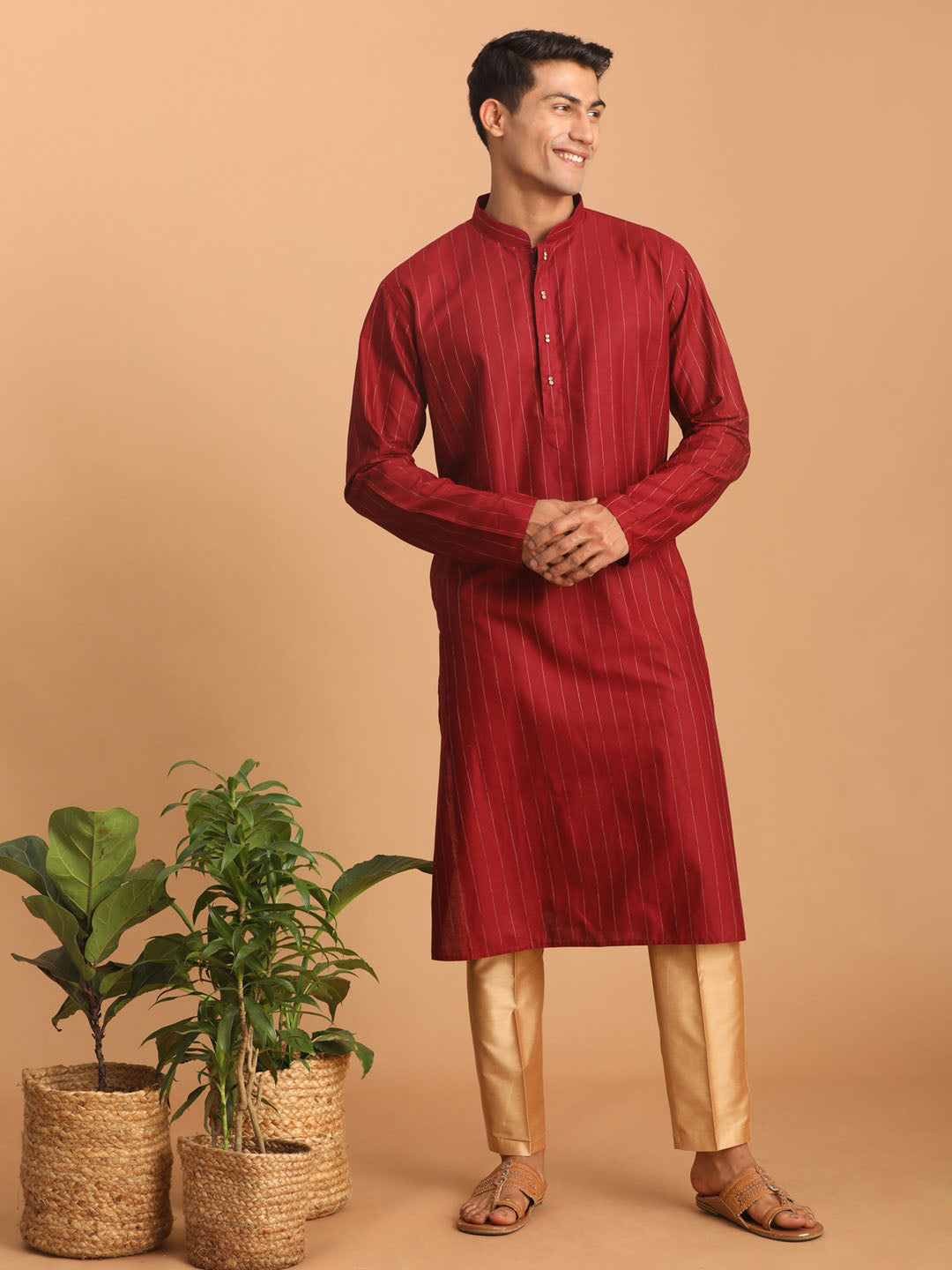 Men's Maroon Cotton Blend Straight Kurta Pyjama Set