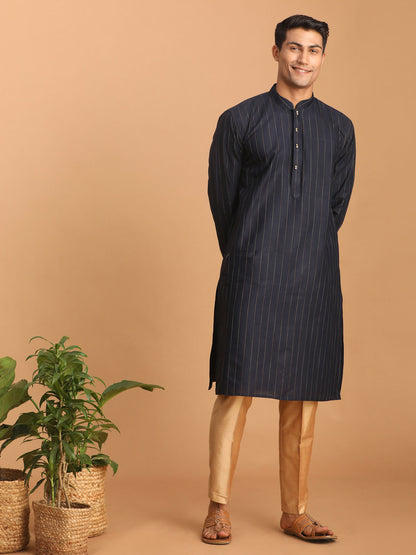 Men's Navy Blue Cotton Blend Straight Kurta Pyjama Set