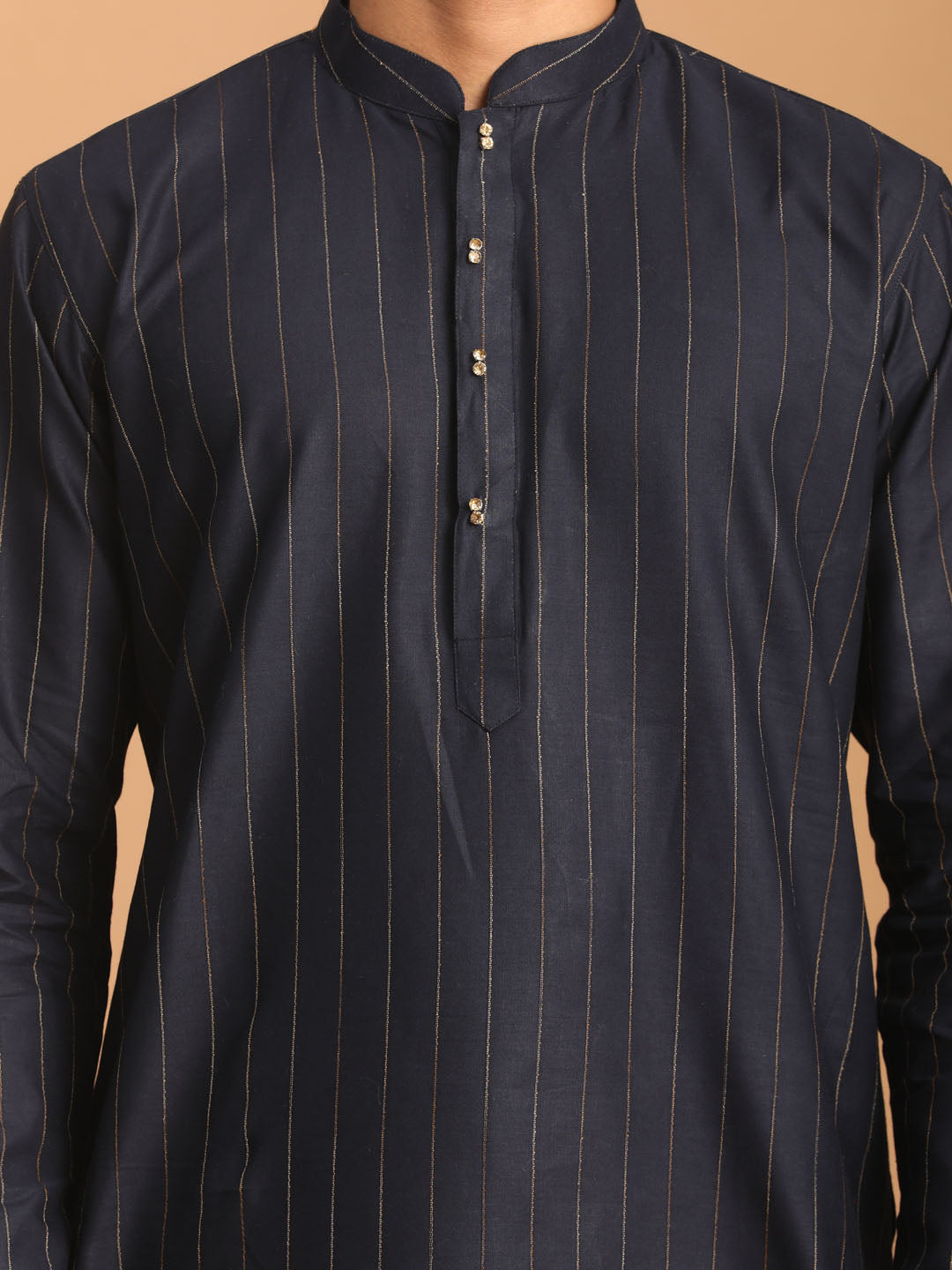Men's Navy Blue Cotton Blend Straight Kurta Pyjama Set