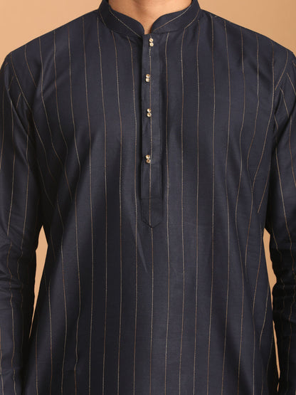 Men's Navy Blue Cotton Blend Straight Kurta Pyjama Set