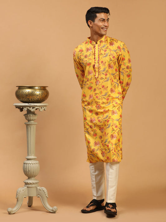 Men's MulticolorBaseMustard Muslin Straight Kurta Pyjama Set