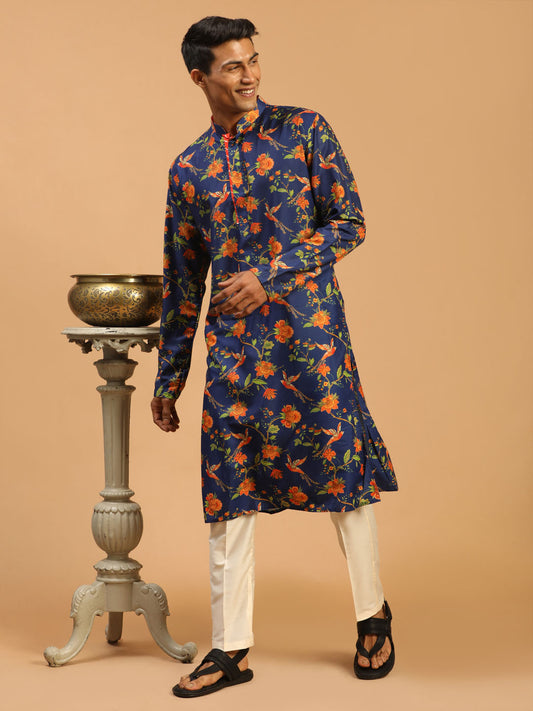 Men's MulticoloredBaseBlue Muslin Straight Kurta Pyjama Set