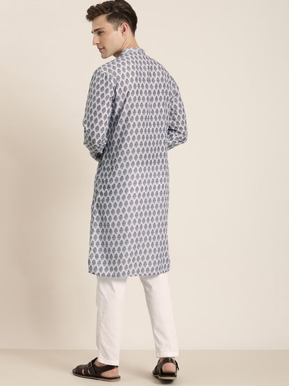Men's Grey Cotton Blend Straight Kurta Pyjama Set