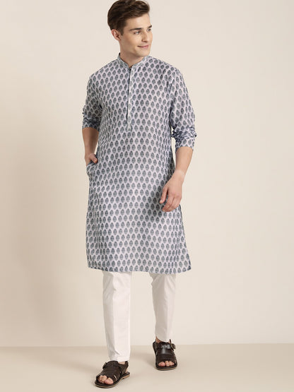 Men's Grey Cotton Blend Straight Kurta Pyjama Set