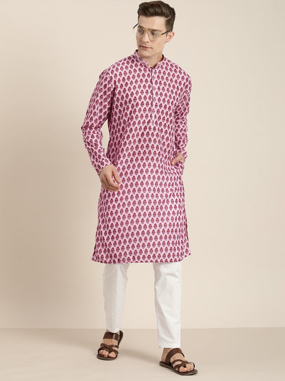 Men's Pink Cotton Blend Straight Kurta Pyjama Set