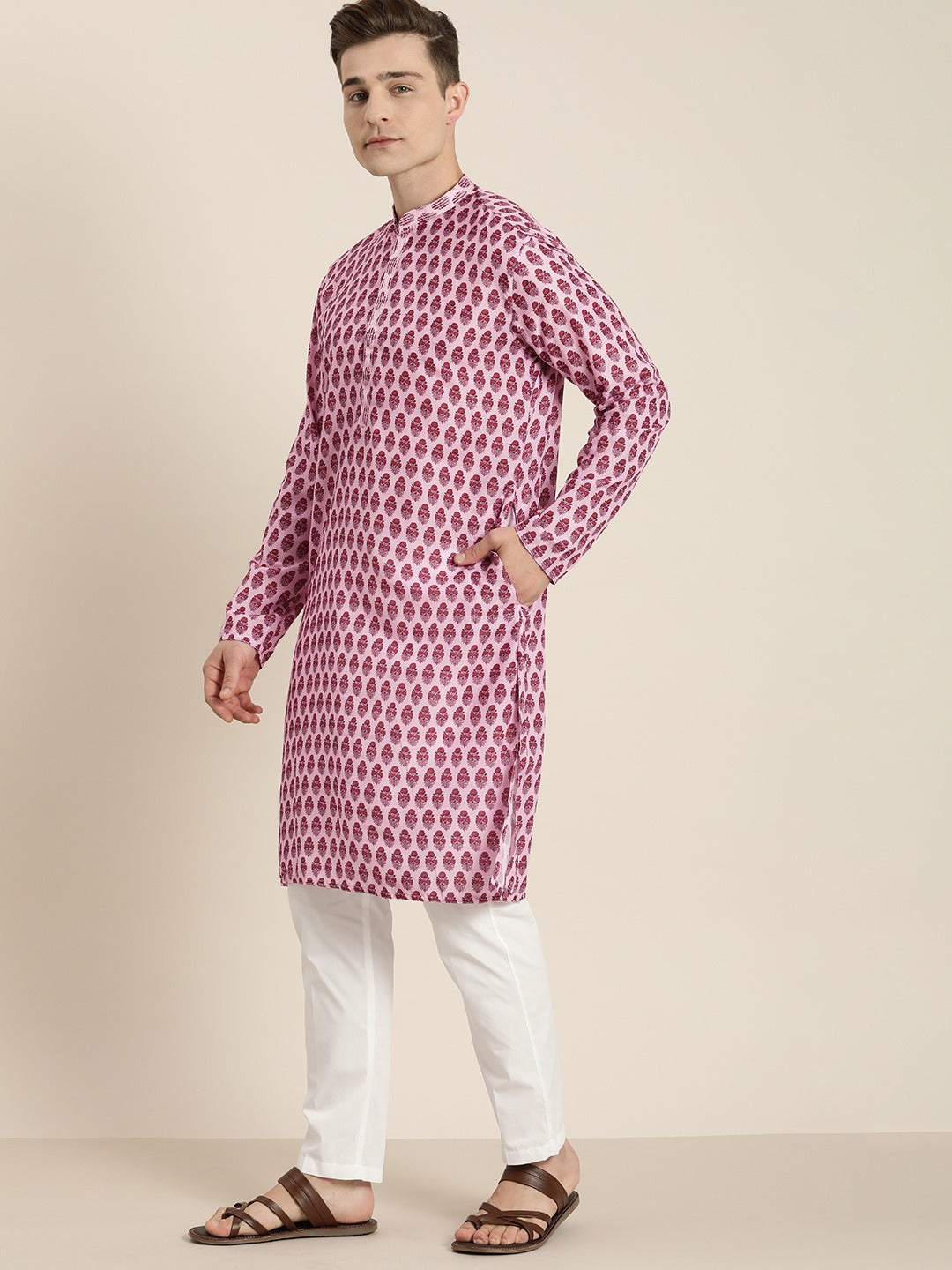 Men's Pink Cotton Blend Straight Kurta Pyjama Set