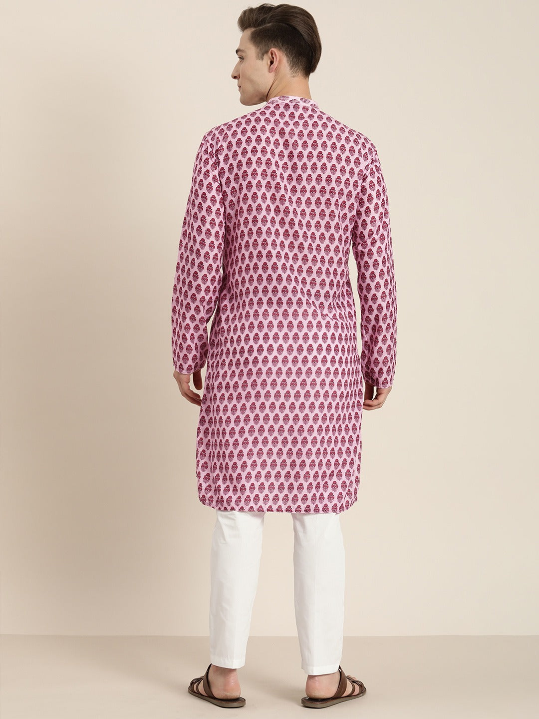 Men's Pink Cotton Blend Straight Kurta Pyjama Set