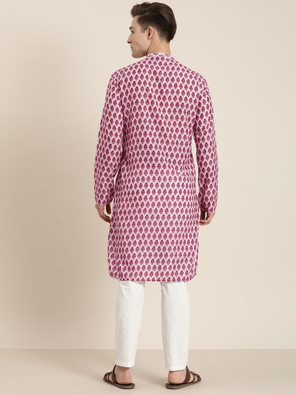 Men's Pink Cotton Blend Straight Kurta Pyjama Set