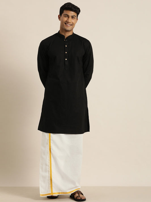 Men's Black Cotton Blend Straight Kurta And Mundu Set