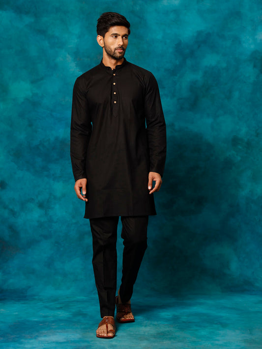 Men's Black Cotton Blend Straight Kurta Pyjama Set