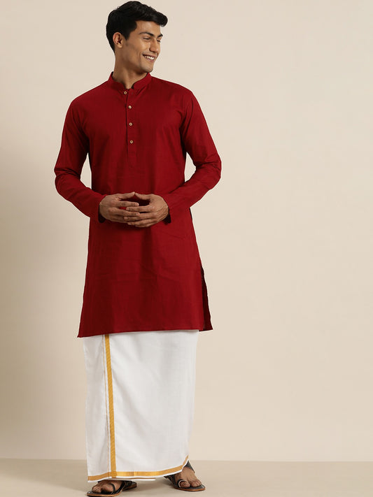 Men's Maroon Cotton Blend Straight Kurta And Mundu Set