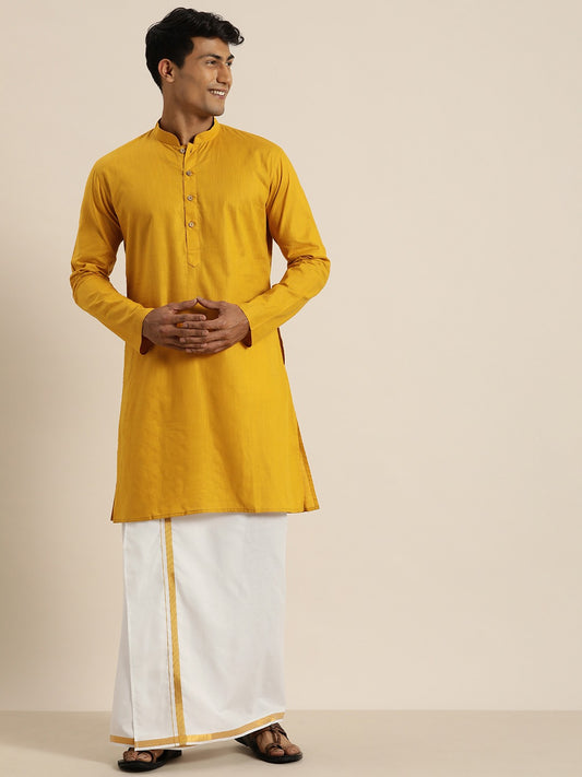 Men's Mustard Cotton Blend Straight Kurta And Mundu Set