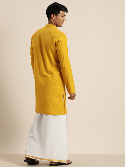 Men's Mustard Cotton Blend Straight Kurta And Mundu Set