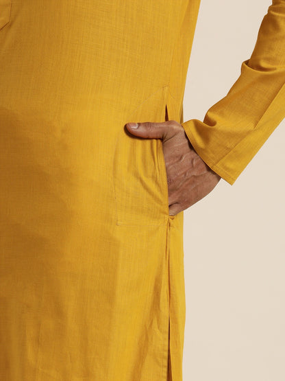 Men's Mustard Cotton Blend Straight Kurta And Mundu Set