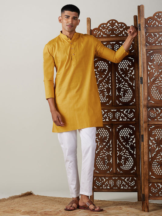 Men's Mustard Cotton Blend Straight Kurta Pyjama Set