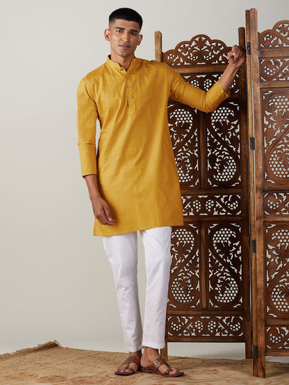 Men's Mustard Cotton Blend Straight Kurta Pyjama Set