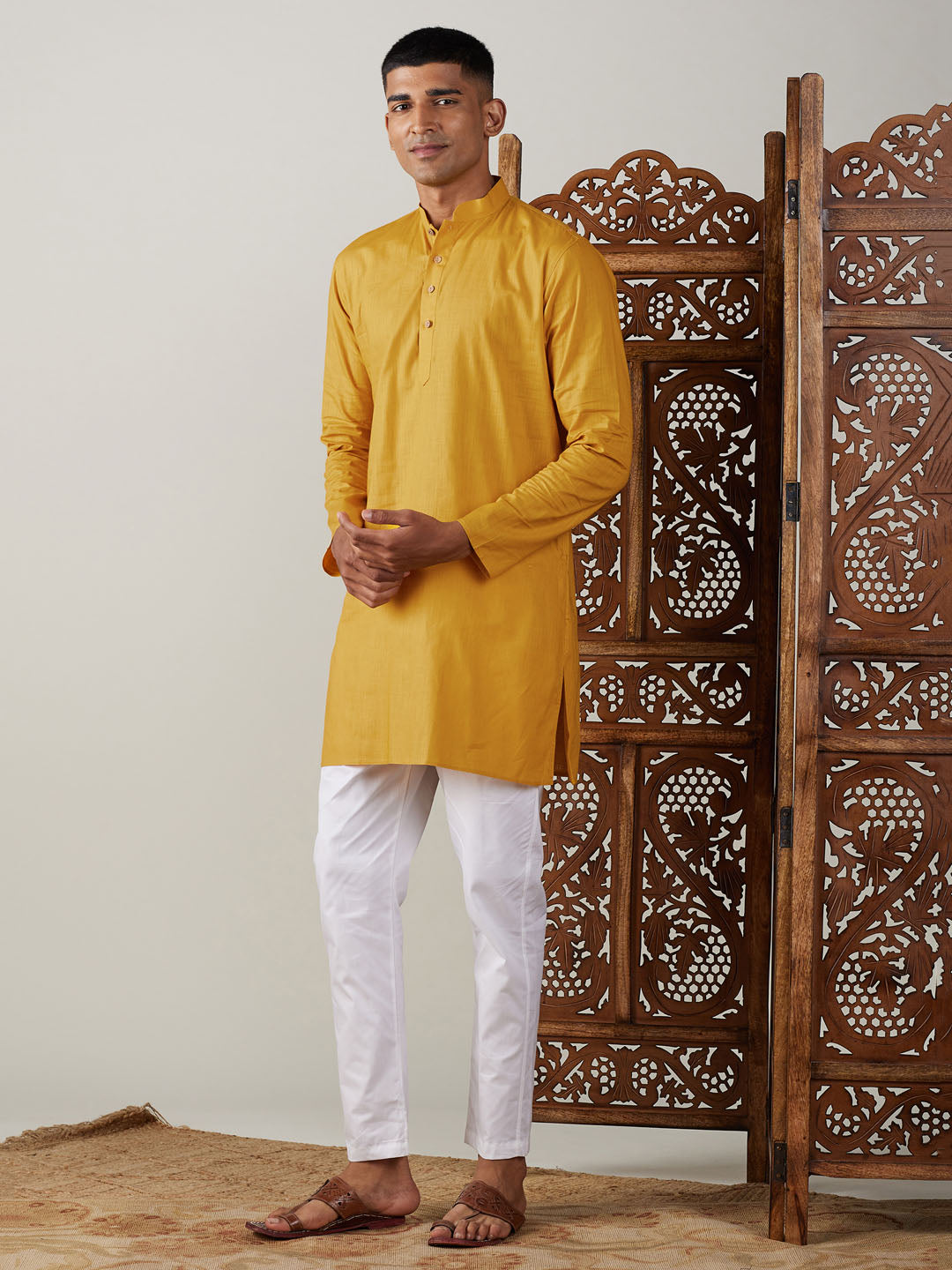 Men's Mustard Cotton Blend Straight Kurta Pyjama Set