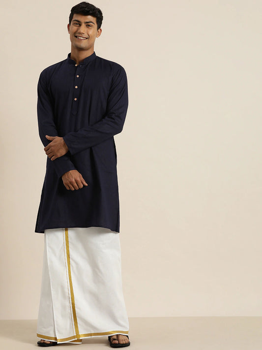 Men's Navy Blue Cotton Blend Straight Kurta And Mundu Set