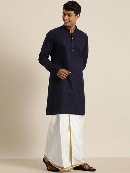 Men's Navy Blue Cotton Blend Straight Kurta And Mundu Set