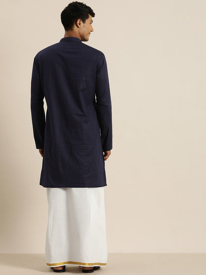 Men's Navy Blue Cotton Blend Straight Kurta And Mundu Set