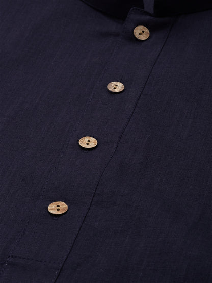 Men's Navy Blue Cotton Blend Straight Kurta And Mundu Set