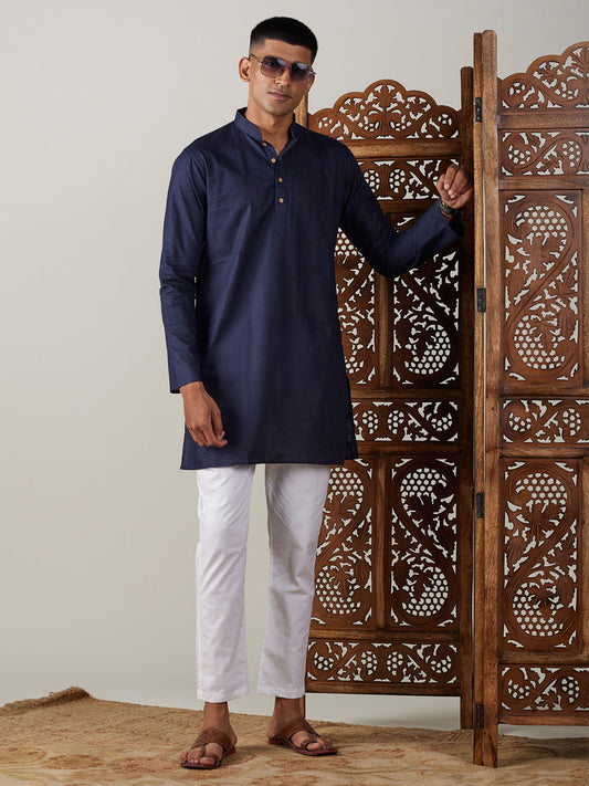 Men's Navy Blue Cotton Blend Straight Kurta Pyjama Set