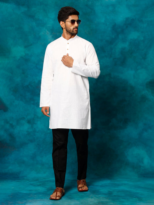 Men's White Cotton Blend Straight Kurta Pyjama Set