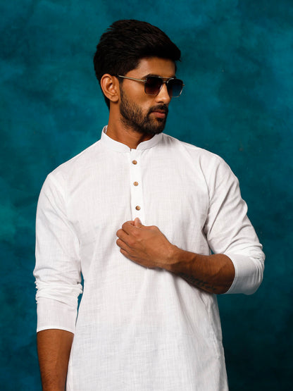 Men's White Cotton Blend Straight Kurta Pyjama Set
