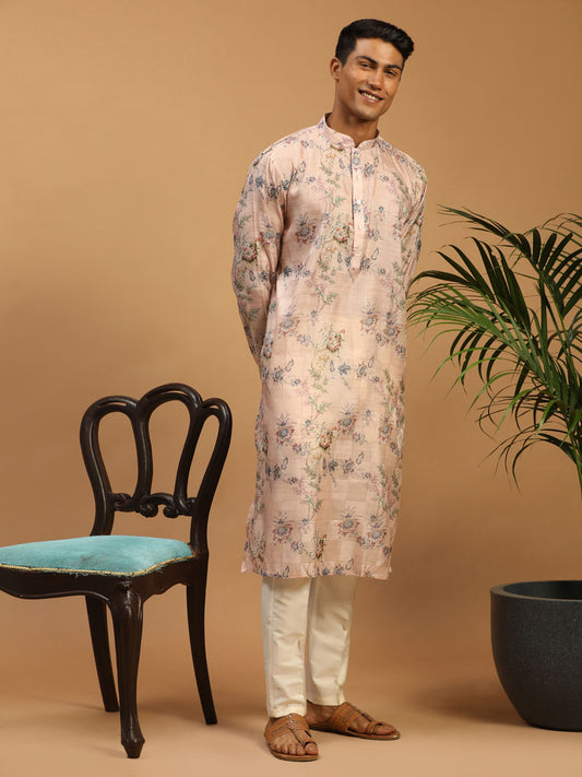 Men's MulticolorBasePeach Cotton Blend Straight Kurta Pyjama Set