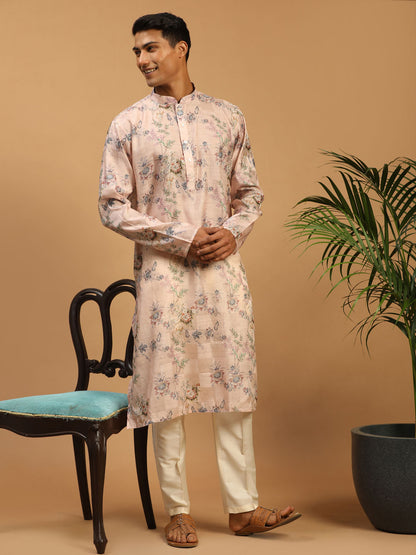 Men's MulticolorBasePeach Cotton Blend Straight Kurta Pyjama Set