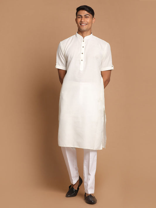 Men's Cream Cotton Blend Straight Kurta Pyjama Set